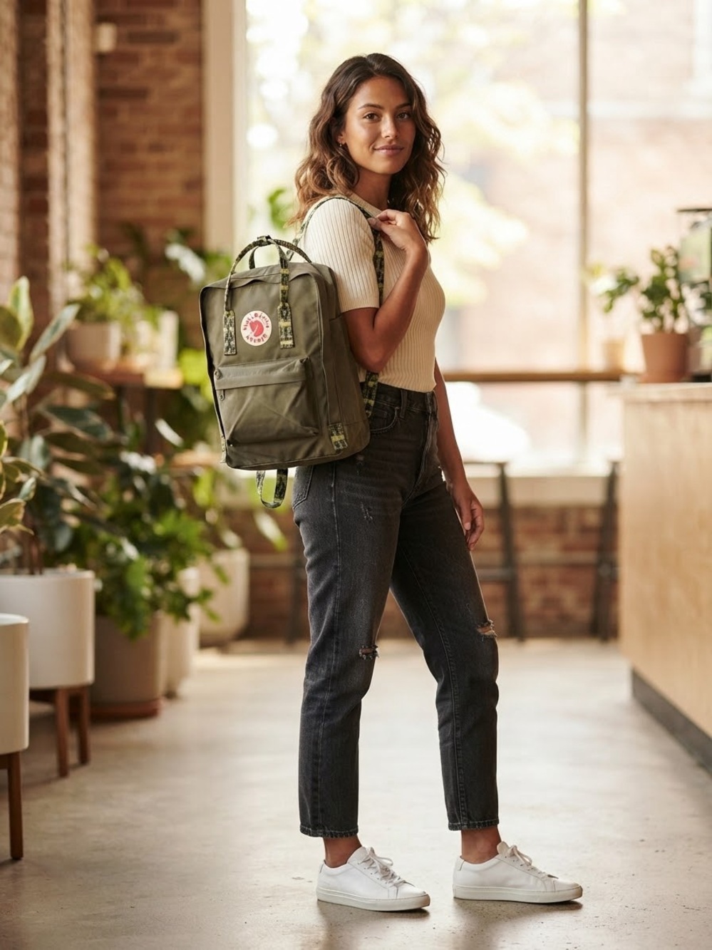Fjallraven Kånken Backpack in Olive Green with Patterned Straps